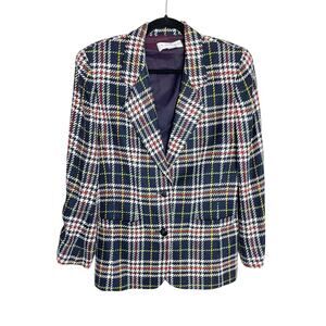 Vintage 80s 90s Liz Claiborne Colorful Plaid Blue White Blazer Petite Size 6P
